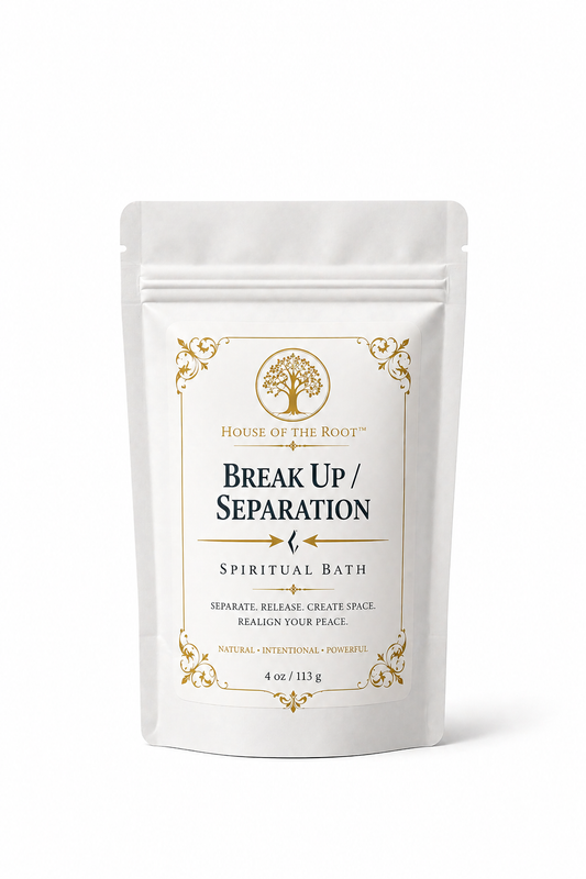 Separation Break Up Spiritual Bath by House of the Root™ displayed in a clean, elevated setting with a matte white pouch and gold detailing, styled with minimal grounded elements representing emotional detachment, separation and the breaking of unhealthy connections.