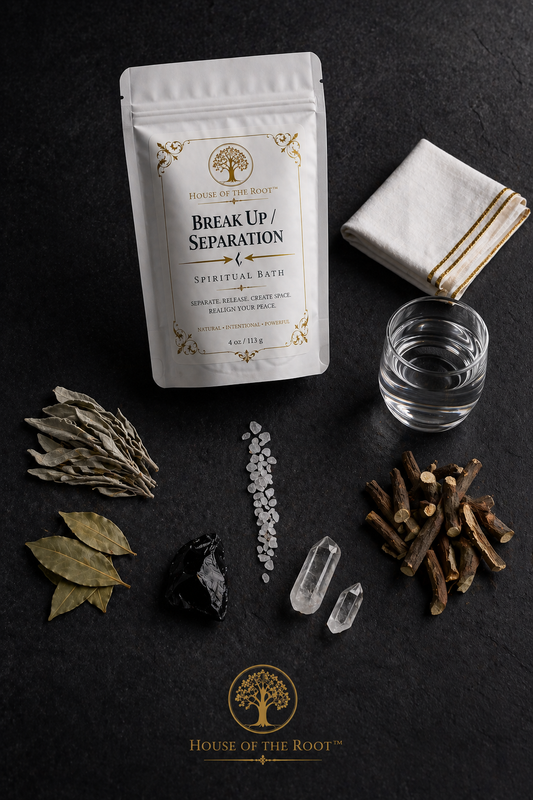 Black woman’s hands adding Separation Break Up Spiritual Bath herbs into warm water on a neutral surface, with the product pouch visible in the background, representing preparation, intention and focused separation work.