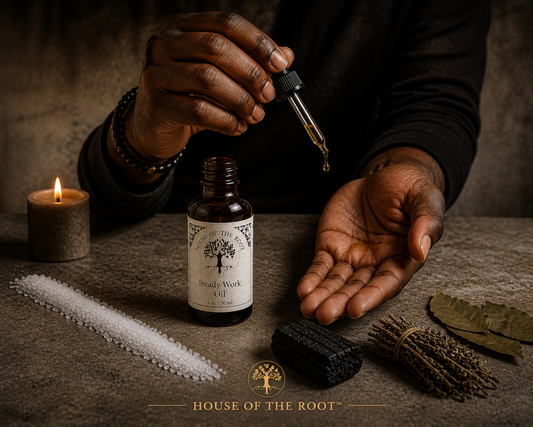 Black man’s hands applying Steady Work Oil with a glass dropper above the palm, with the labeled amber bottle, lit candle, white salt, black tourmaline, bay leaves and bundled herbs arranged on a warm stone surface, representing steady employment, grounded intention and long-term financial stability.