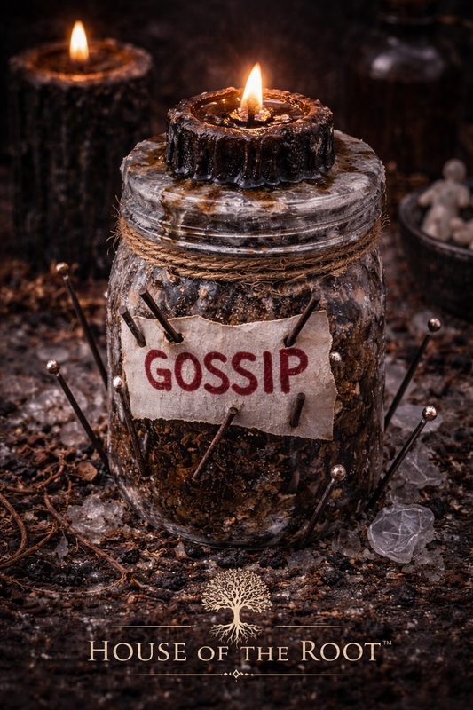 Close-up of jar with pins and candle showing active stop gossip work used to silence rumors and restrict negative communication