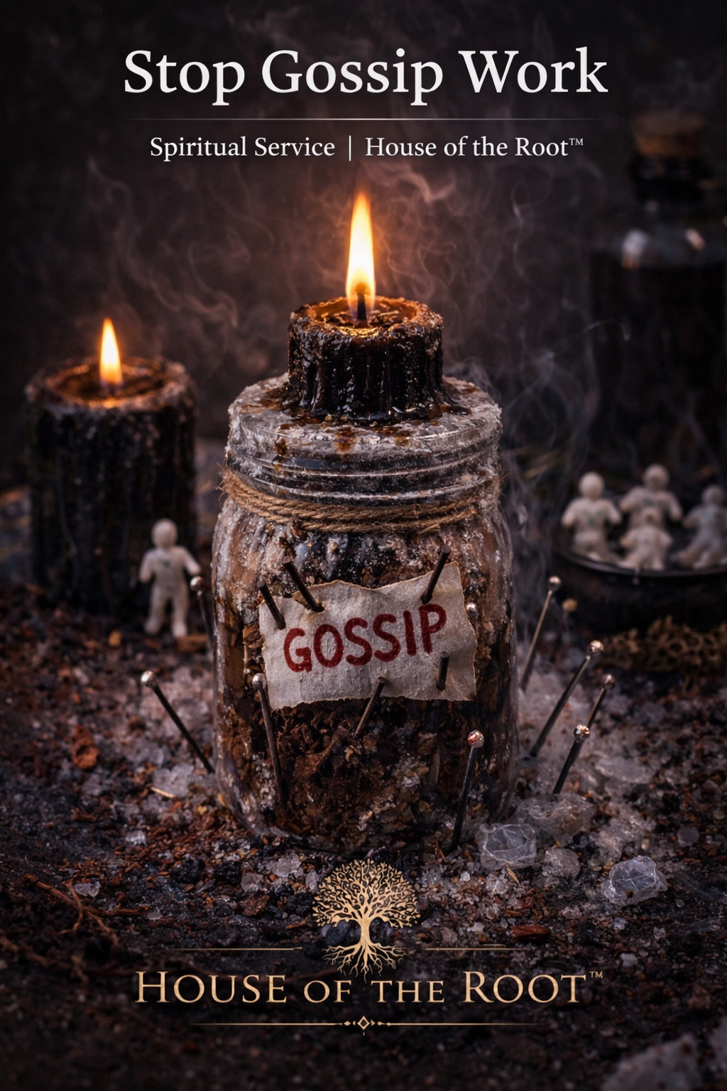 Jar with pinned label and candle representing stop gossip work used to silence rumors and block harmful communication