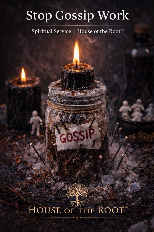 Jar with pinned label and candle representing stop gossip work used to silence rumors and block harmful communication