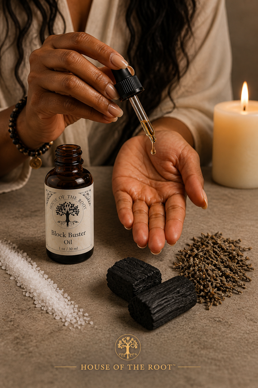 Close-up of Blockbuster Oil being applied with a glass dropper above the palm on a neutral surface, styled with minimal elements representing focused intention, removal of blockages and fast, forceful results.