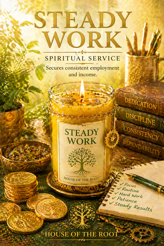 Steady Work ritual candle with coins herbs and warm candlelight representing stable income and consistent employment