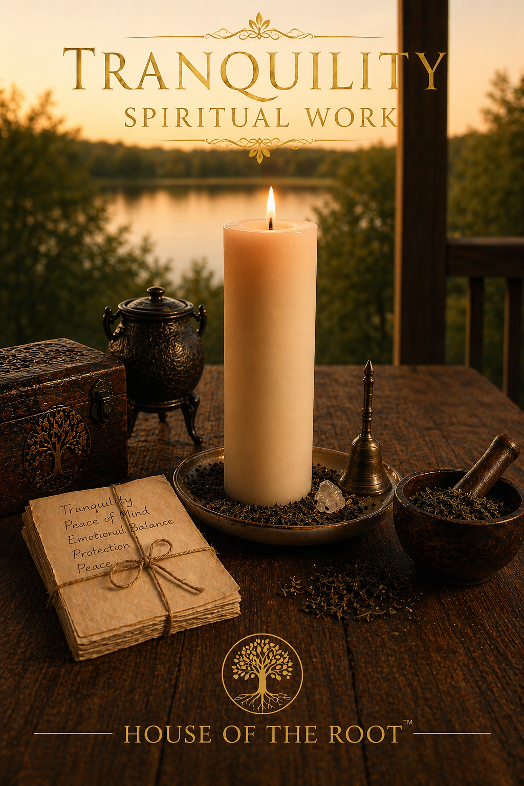 White pillar candle burning on a wooden porch table with a lake in the background, surrounded by ritual elements including a petition paper, herbs, and spiritual tools, representing calm, balance, and controlled tranquility work by House of the Root™.