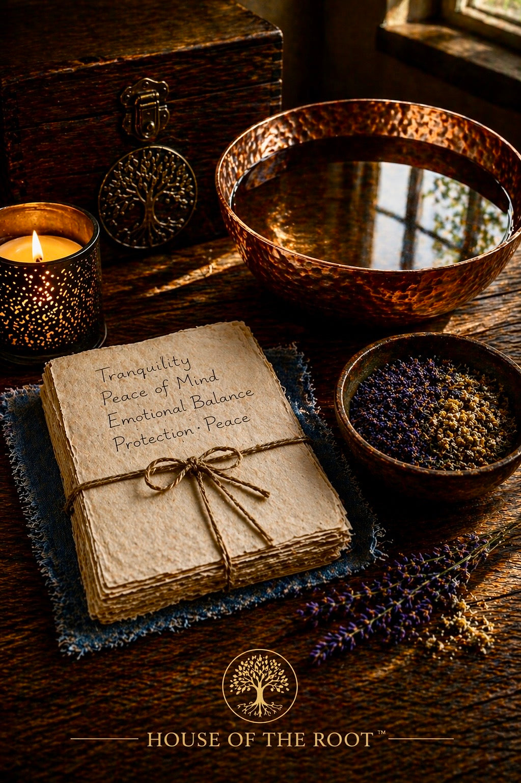 Folded petition papers resting on a textured wooden table with a subtle haint blue cloth beneath, alongside a hammered copper bowl filled with still water and a separate bowl of lavender and chamomile herbs, representing grounded tranquility, emotional balance, and peaceful spiritual maintenance by House of the Root™.