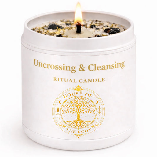 Uncrossing & Cleansing Ritual Candle in white tin with gold label, spiritual cleansing candle for removing negative energy, House of the Root ritual candle. 