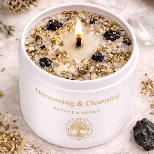 Uncrossing & Cleansing Ritual Candle surrounded by cleansing herbs, sea salt, and protective crystals used for spiritual uncrossing and energy clearing rituals