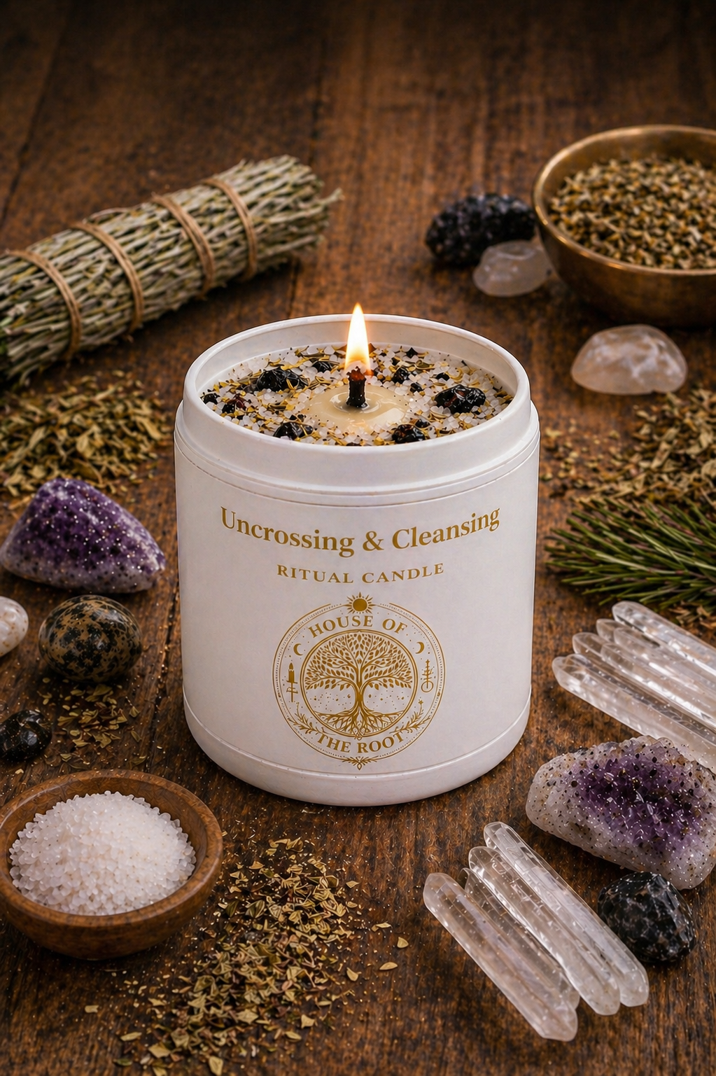 Uncrossing and cleansing ritual candle on wooden surface with herbs crystals and salt arranged around it