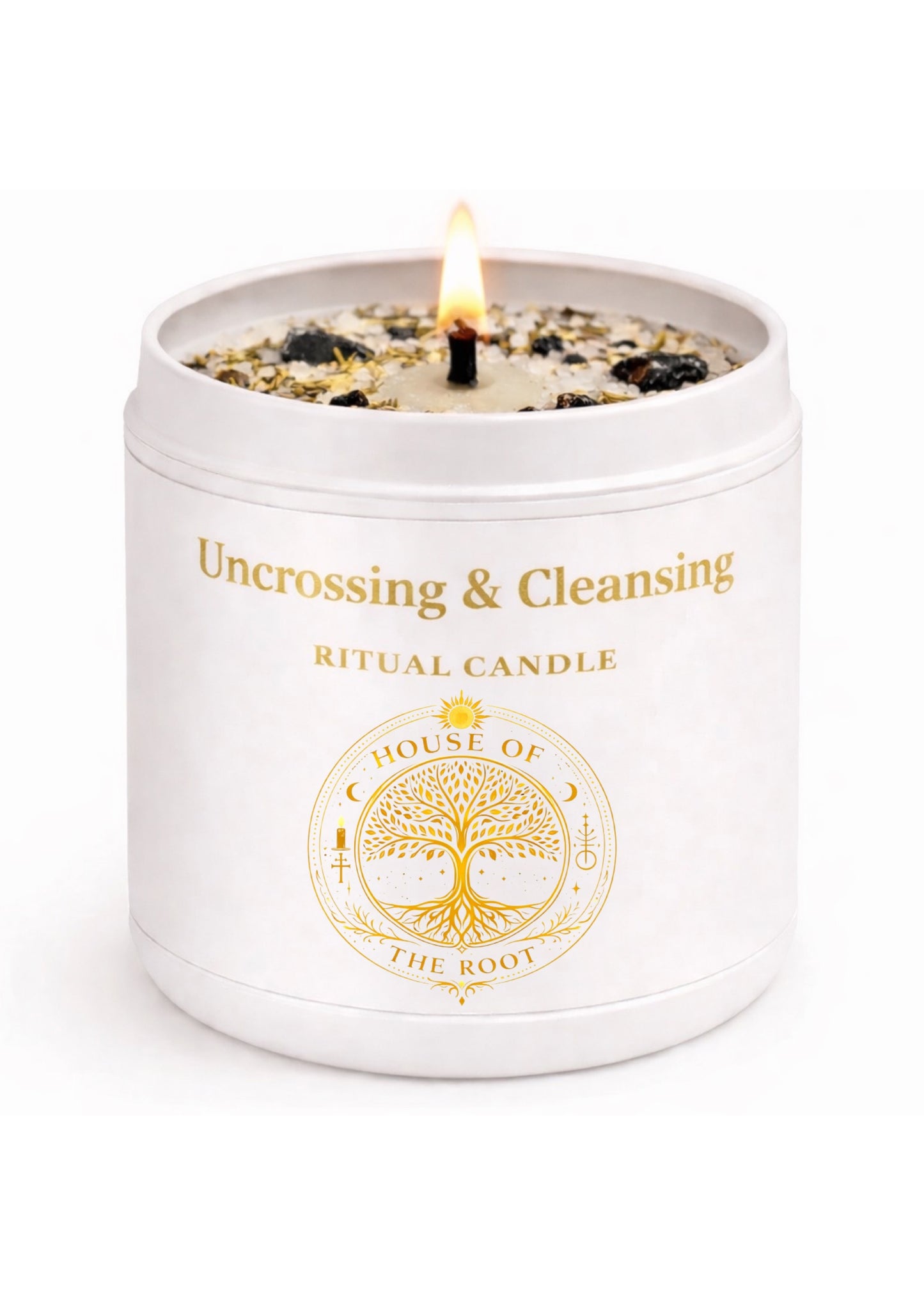 White uncrossing and cleansing ritual candle with gold label and House of the Root logo on clean white background