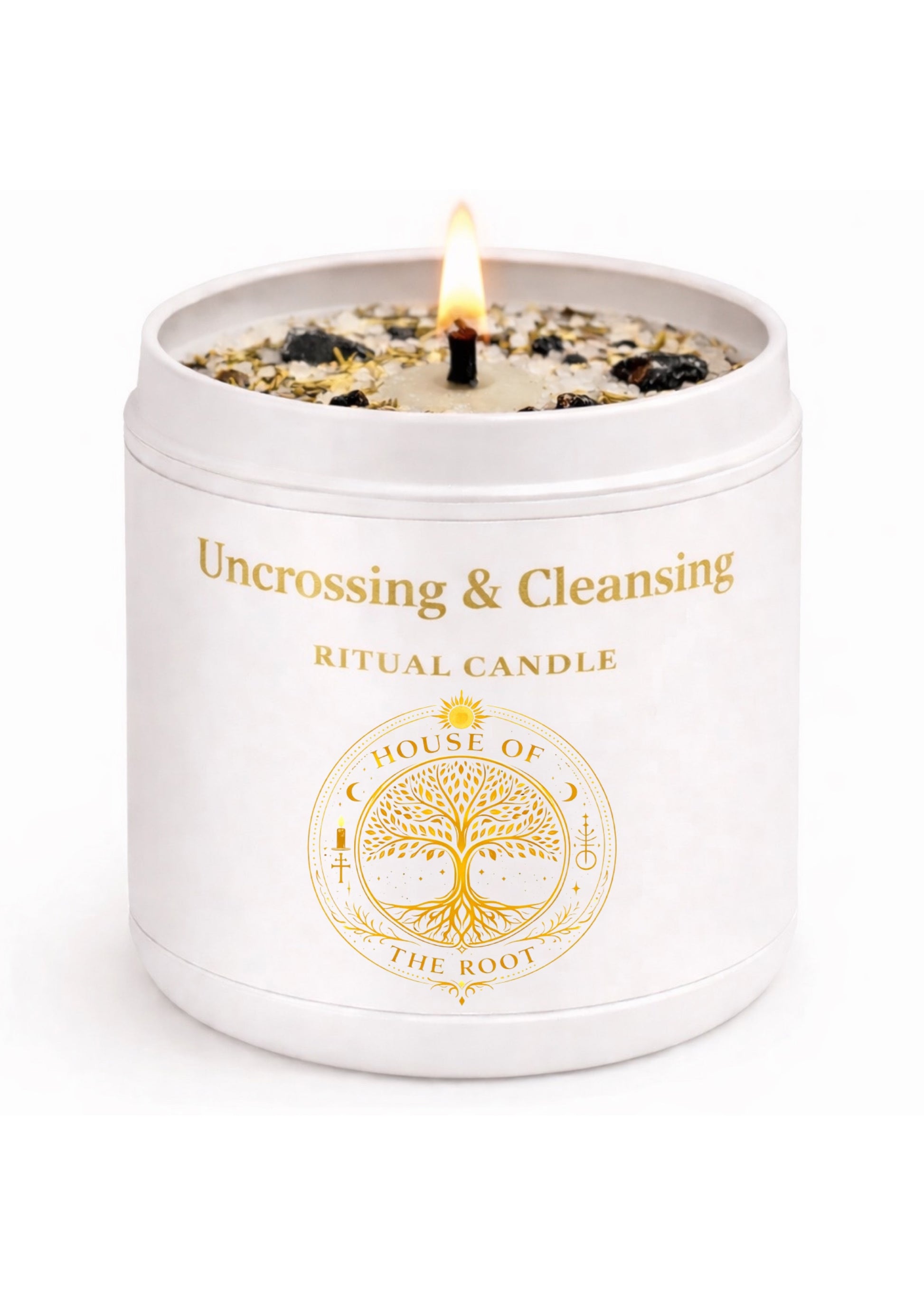 White uncrossing and cleansing ritual candle with gold label and House of the Root logo on clean white background