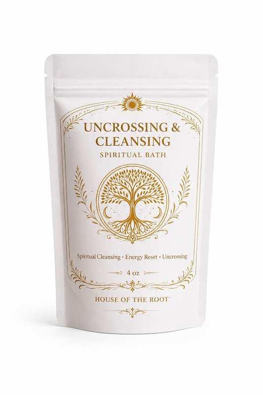 Uncrossing and cleansing spiritual bath pouch with gold label on clean white background