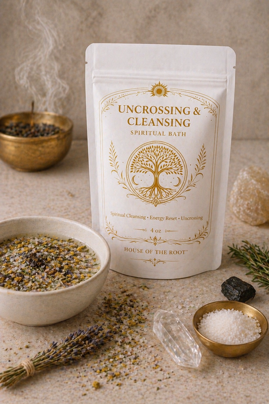 Uncrossing and cleansing spiritual bath with herbs salts and crystals on light neutral surface