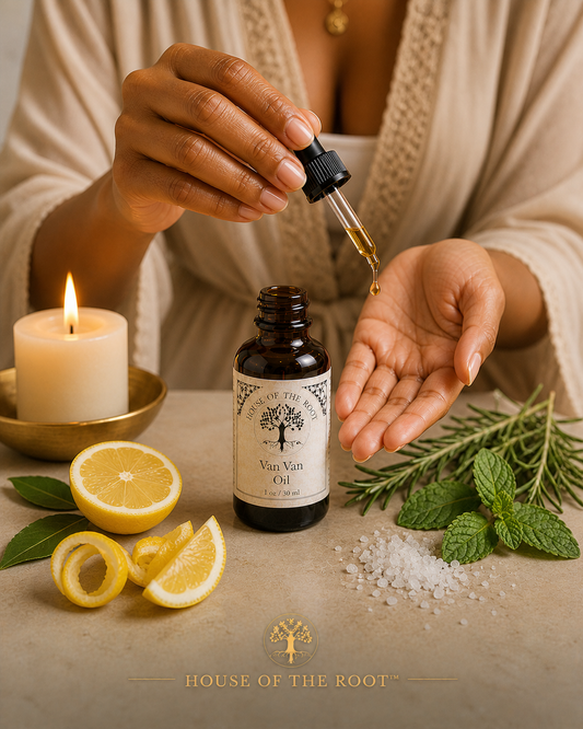 A bright luxury ritual scene featuring a young Black woman’s hands with neutral polished nails holding a dropper above her palm, releasing a smooth drop of Van Van Oil from a brown glass bottle labeled House of the Root™. The bottle sits centered on a clean warm neutral stone surface, surrounded by fresh citrus slices, green herbs, and a light sprinkle of fine salt. A candle burns steadily in the background. The lighting is warm and clean, creating a fresh, open, and forward-moving atmosphere.