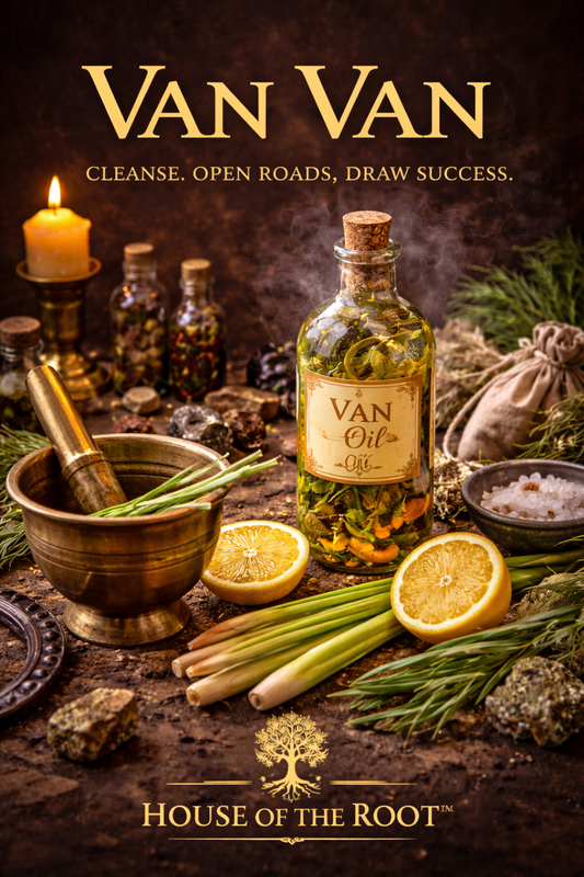 Van Van oil with lemongrass, citrus and herbs used for cleansing, road opening and drawing success by House of the Root™